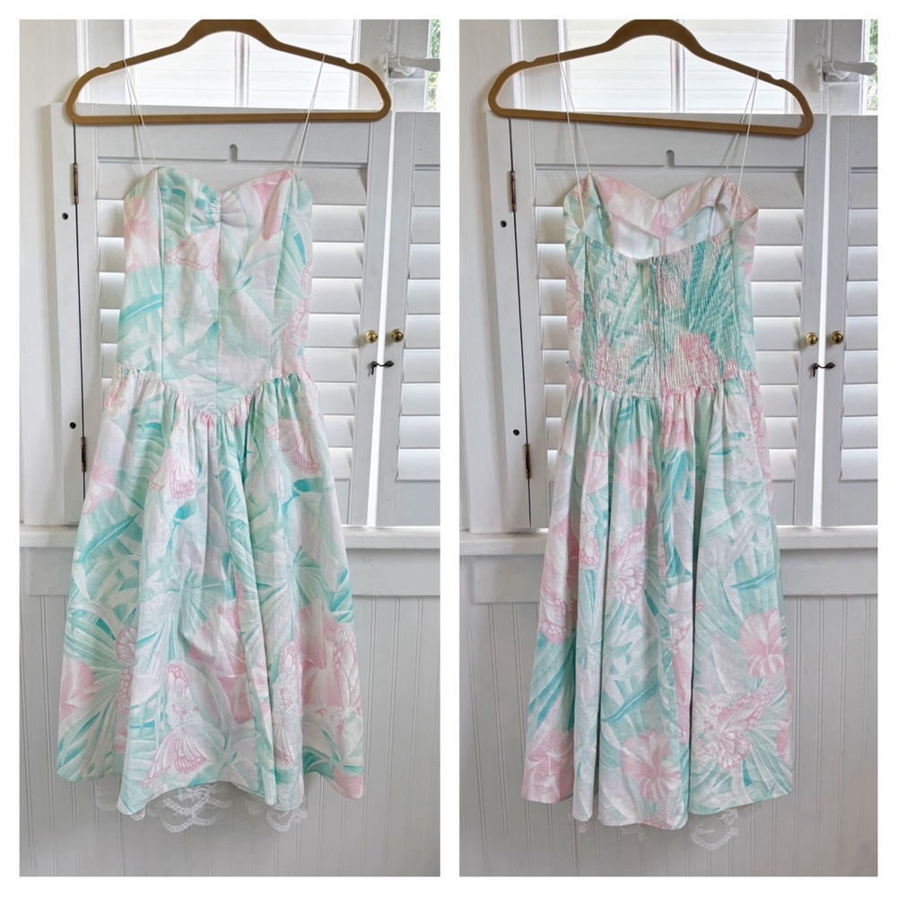 M.J Carroll Vintage 80s 90s Pink & Blue Floral Sleeveless Drop Waist Prom Dress